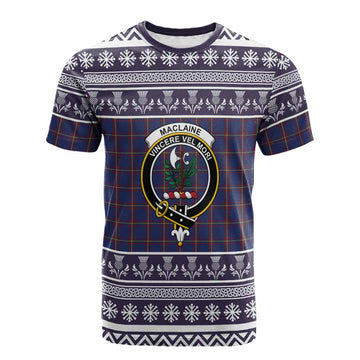 MacLaine (McLaine) Clan Tartan Christmas Cotton T-shirt with Family Crest