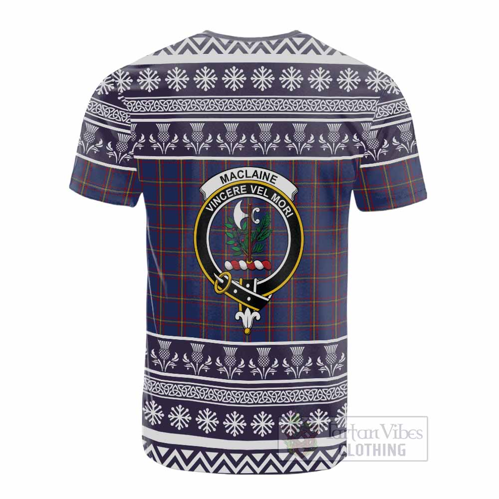 MacLaine (McLaine) Clan Tartan Christmas Cotton T-shirt with Family Crest - Tartan Vibes Clothing