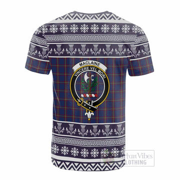 MacLaine (McLaine) Clan Tartan Christmas Cotton T-shirt with Family Crest
