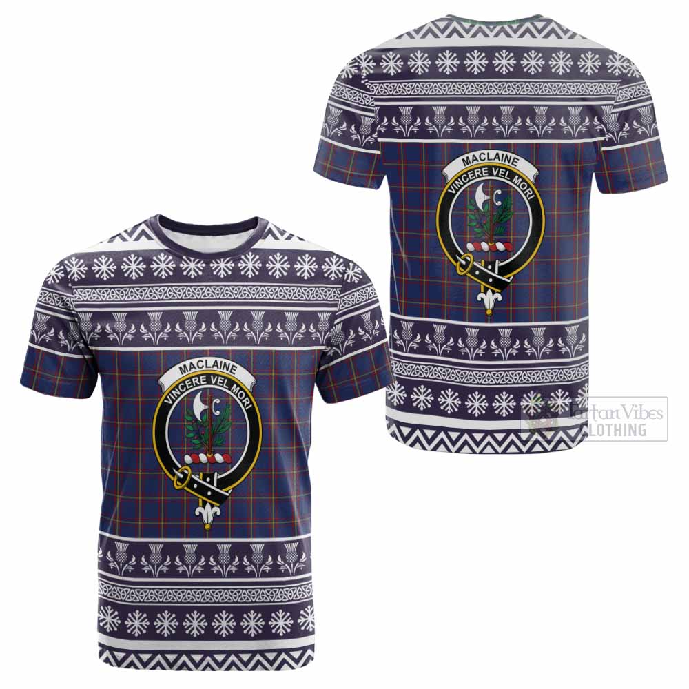 MacLaine (McLaine) Clan Tartan Christmas Cotton T-shirt with Family Crest - Tartan Vibes Clothing