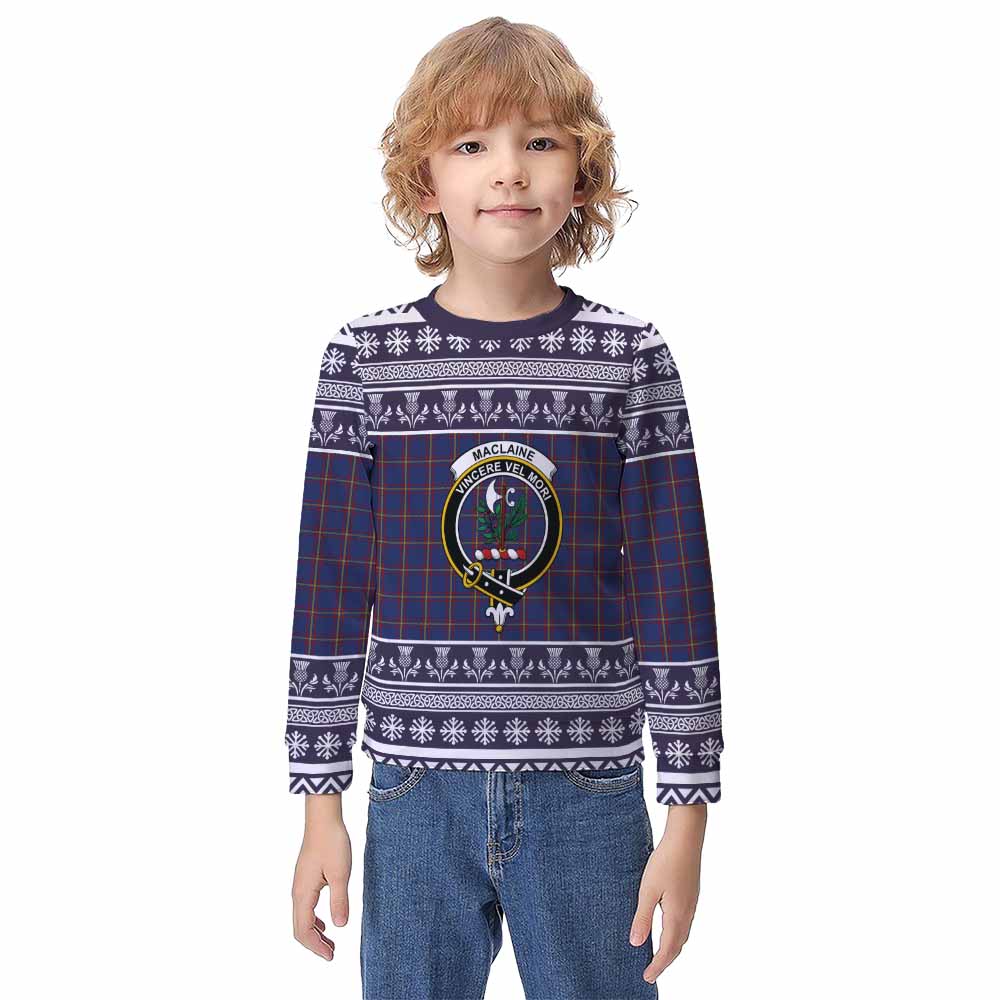 MacLaine (McLaine) Clan Tartan Christmas Kid Ugly Sweatshirt with Family Crest - Tartan Vibes Clothing