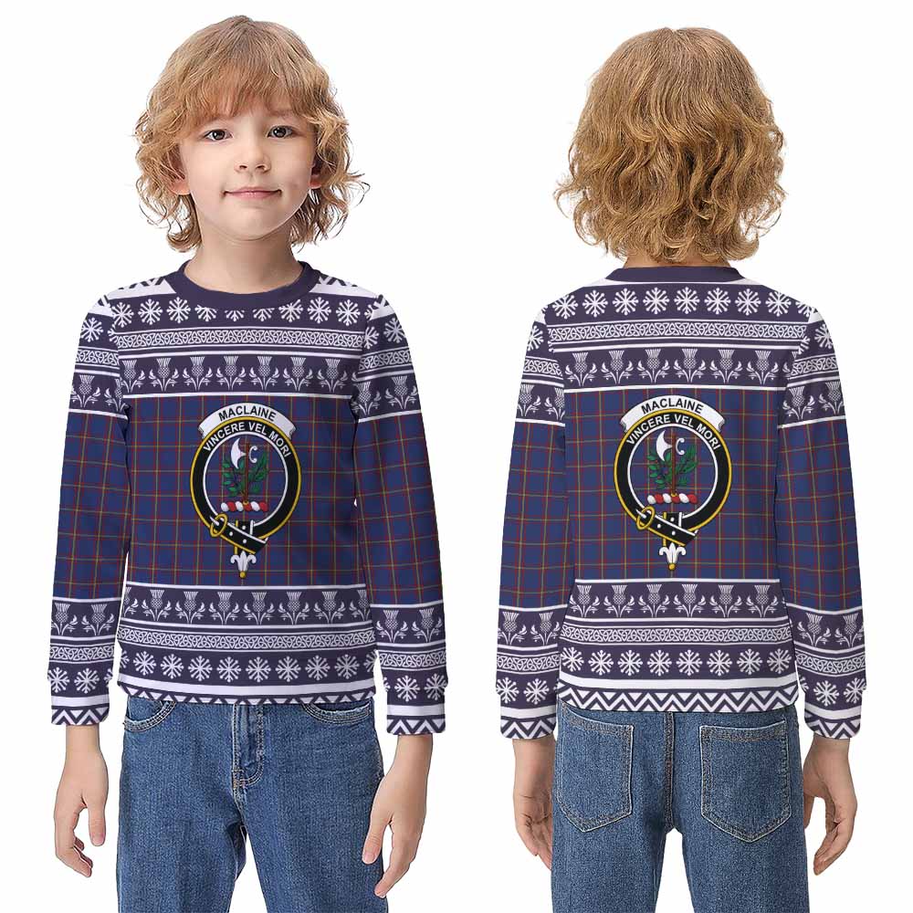 MacLaine (McLaine) Clan Tartan Christmas Kid Ugly Sweatshirt with Family Crest - Tartan Vibes Clothing