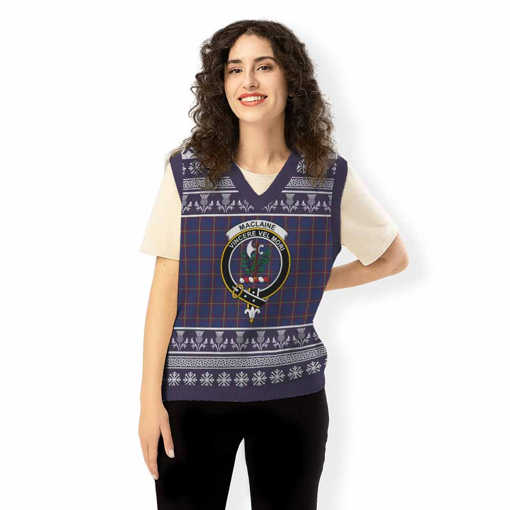 MacLaine (McLaine) Clan Tartan Christmas Knitted V-Neck Vest with Family Crest - Tartan Vibes Clothing