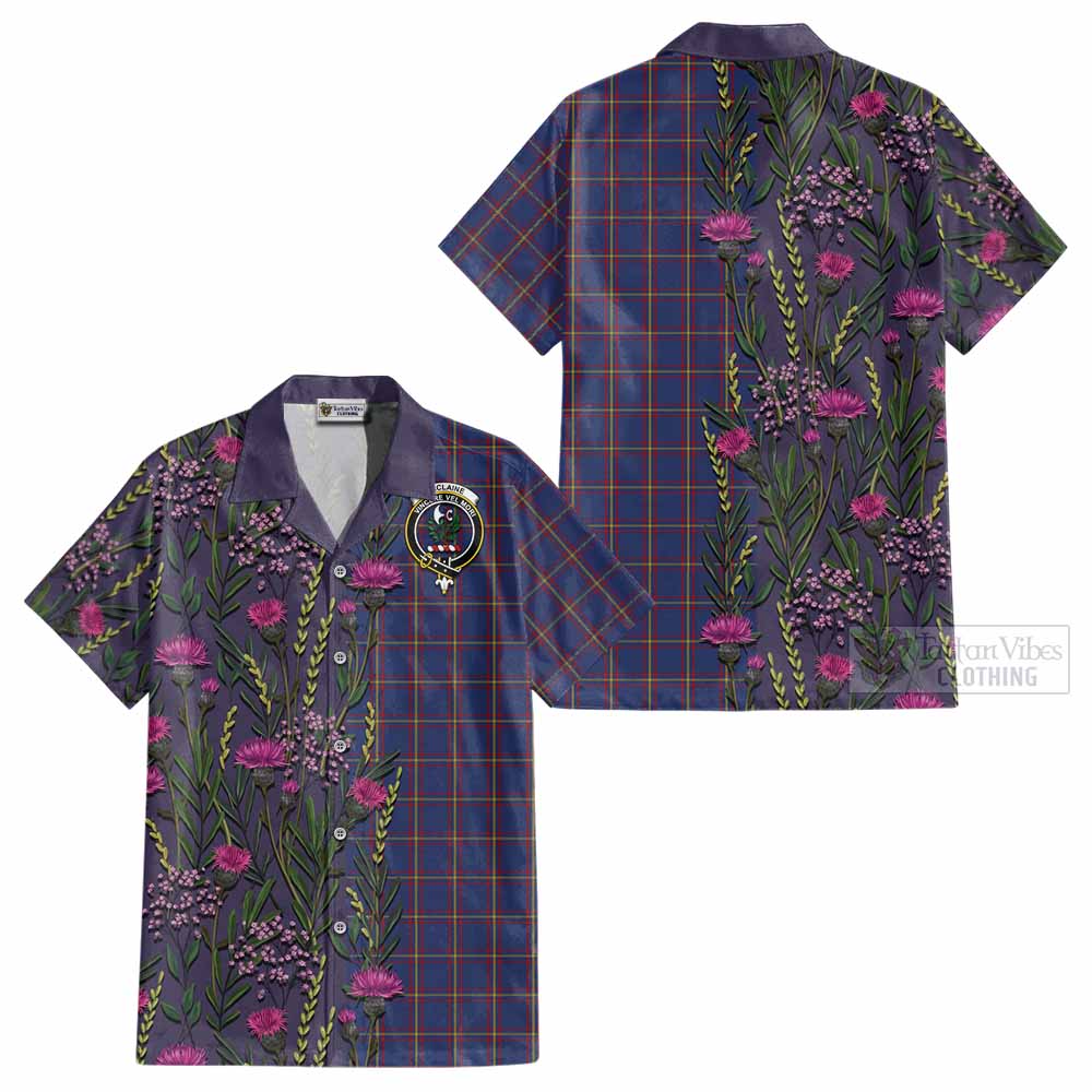 MacLaine (McLaine) Family Crest Tartan Cotton Hawaiian Shirt Scottish Thistle Flower Pattern Half Style - Tartan Vibes Clothing