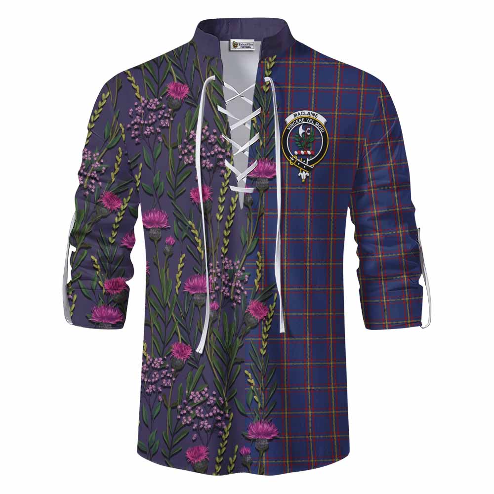 MacLaine (McLaine) Family Crest Tartan Ghillie Shirt Scottish Thistle Flower Pattern Half Style - Tartan Vibes Clothing