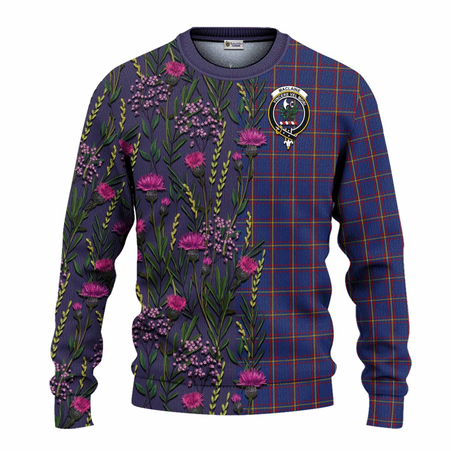 MacLaine (McLaine) Family Crest Tartan Knitted Sweater Scottish Thistle Flower Pattern Half Style - Tartan Vibes Clothing