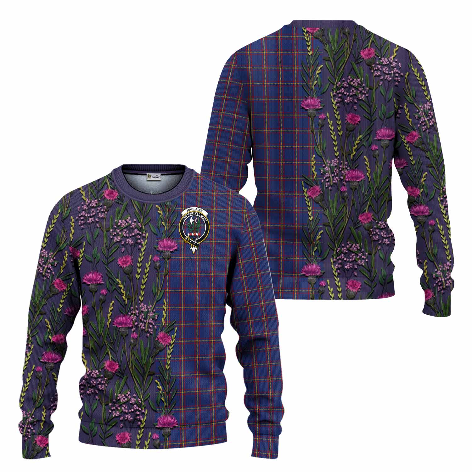 MacLaine (McLaine) Family Crest Tartan Knitted Sweater Scottish Thistle Flower Pattern Half Style - Tartan Vibes Clothing