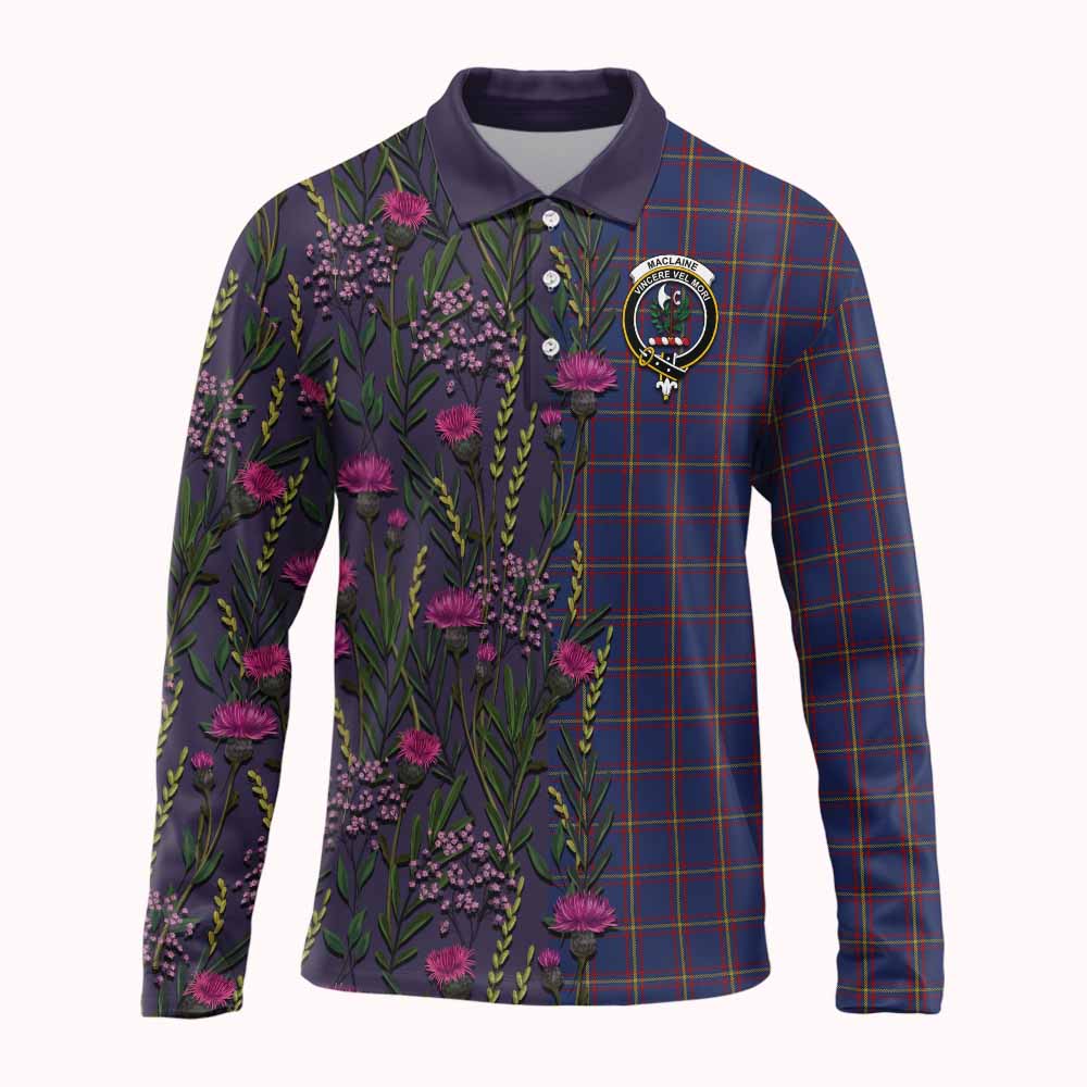 MacLaine (McLaine) Family Crest Tartan Long Sleeve Polo Shirt Scottish Thistle Flower Pattern Half Style - Tartan Vibes Clothing