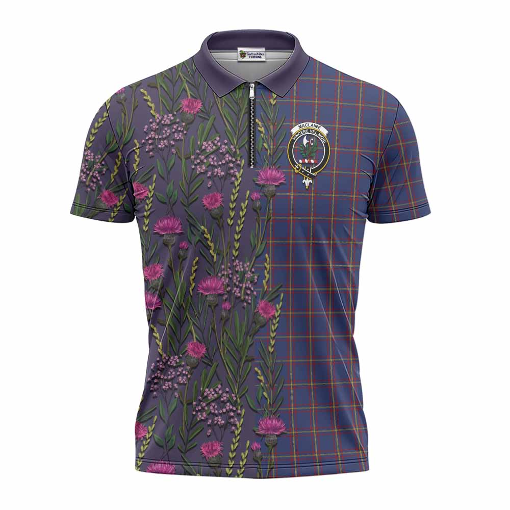 MacLaine (McLaine) Family Crest Tartan Zipper Polo Shirt Scottish Thistle Flower Pattern Half Style - Tartan Vibes Clothing