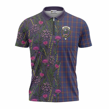 MacLaine (McLaine) Family Crest Tartan Zipper Polo Shirt Scottish Thistle Flower Pattern Half Style
