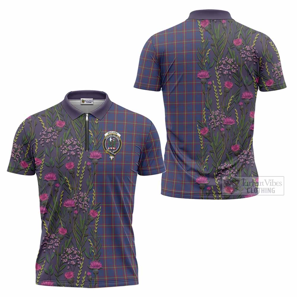 MacLaine (McLaine) Family Crest Tartan Zipper Polo Shirt Scottish Thistle Flower Pattern Half Style - Tartan Vibes Clothing
