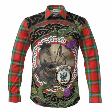 MacLaine (McLaine) Tartan Crest Bagpipe Nessie Long Sleeve Button Shirts Scottish Loch Ness Monster Celtic Thistle