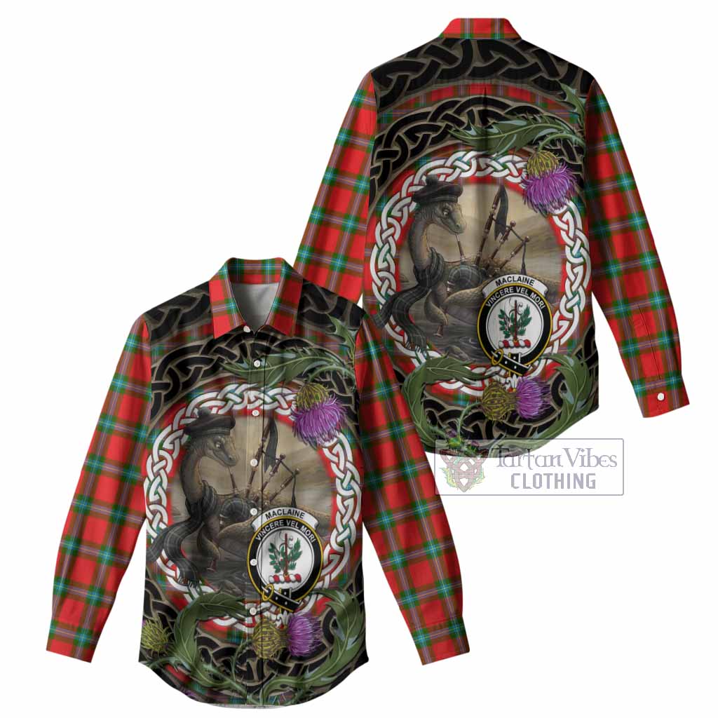 MacLaine (McLaine) Tartan Crest Bagpipe Nessie Women Casual Shirt Scottish Loch Ness Monster Celtic Thistle