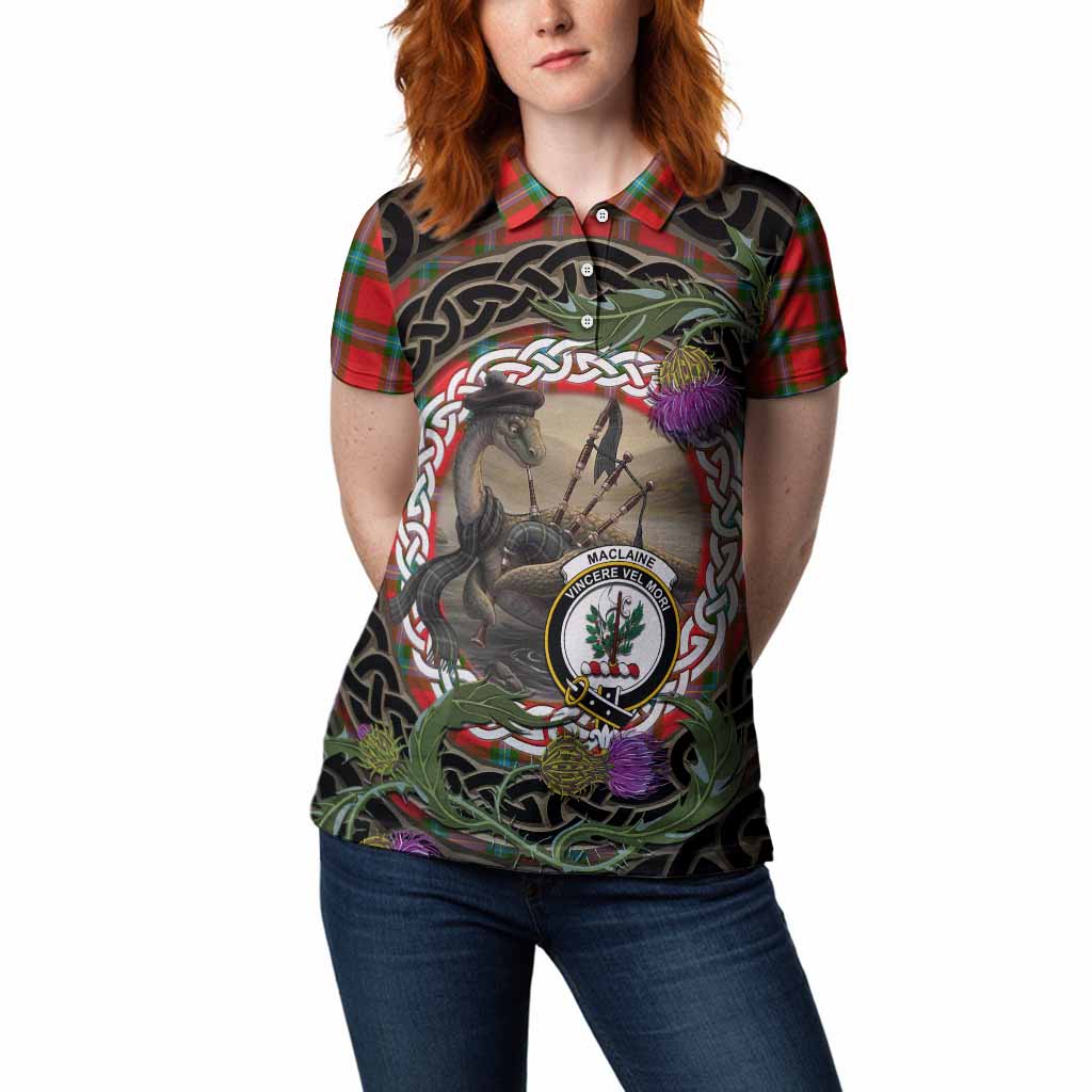 MacLaine (McLaine) Tartan Crest Bagpipe Nessie Women Polo Shirt Scottish Loch Ness Monster Celtic Thistle