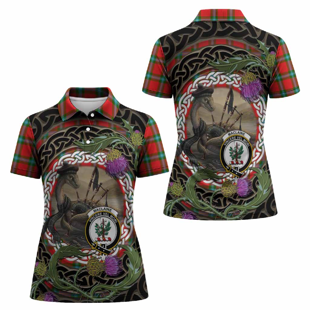 MacLaine (McLaine) Tartan Crest Bagpipe Nessie Women Polo Shirt Scottish Loch Ness Monster Celtic Thistle