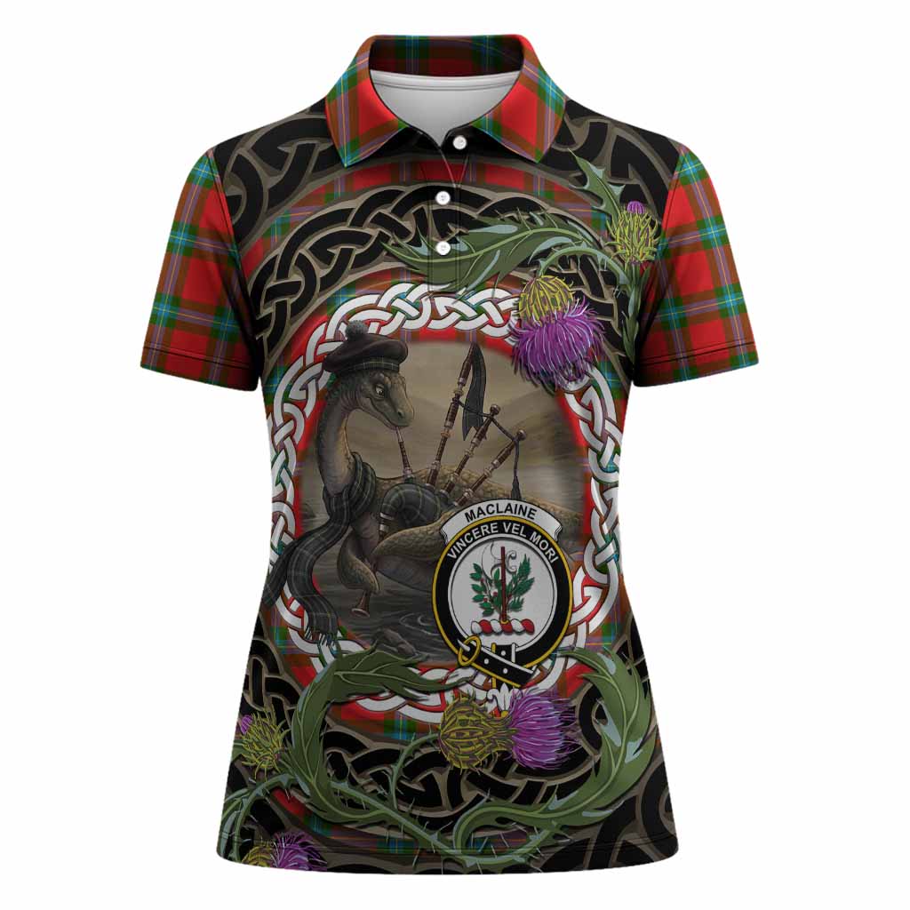 MacLaine (McLaine) Tartan Crest Bagpipe Nessie Women Polo Shirt Scottish Loch Ness Monster Celtic Thistle