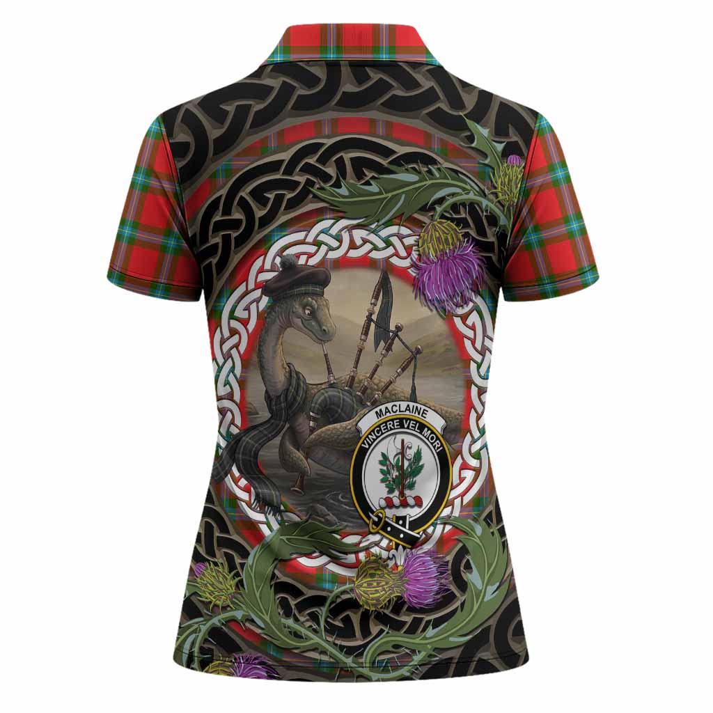MacLaine (McLaine) Tartan Crest Bagpipe Nessie Women Polo Shirt Scottish Loch Ness Monster Celtic Thistle
