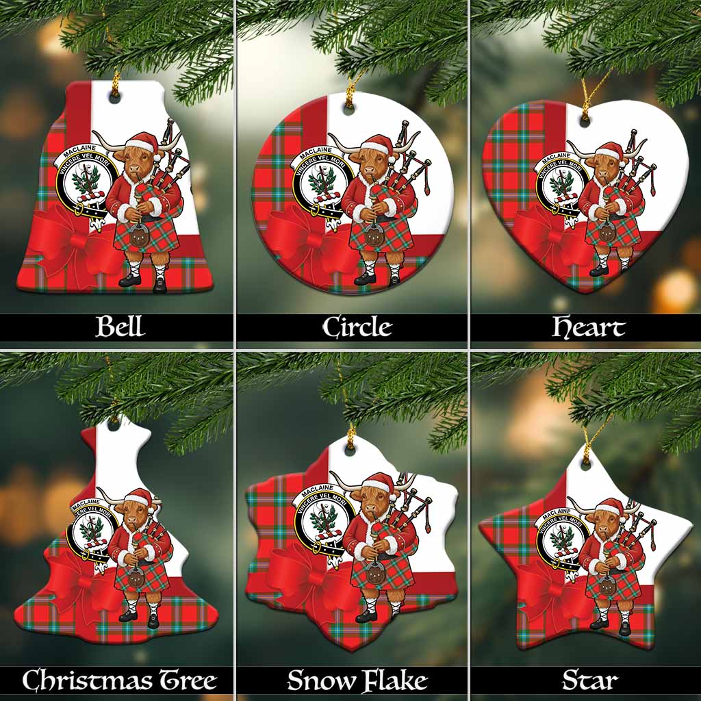 MacLaine (McLaine) Tartan Crest Christmas Ceramic Ornament Highland Cow Bagpipes Coquette Bow Style