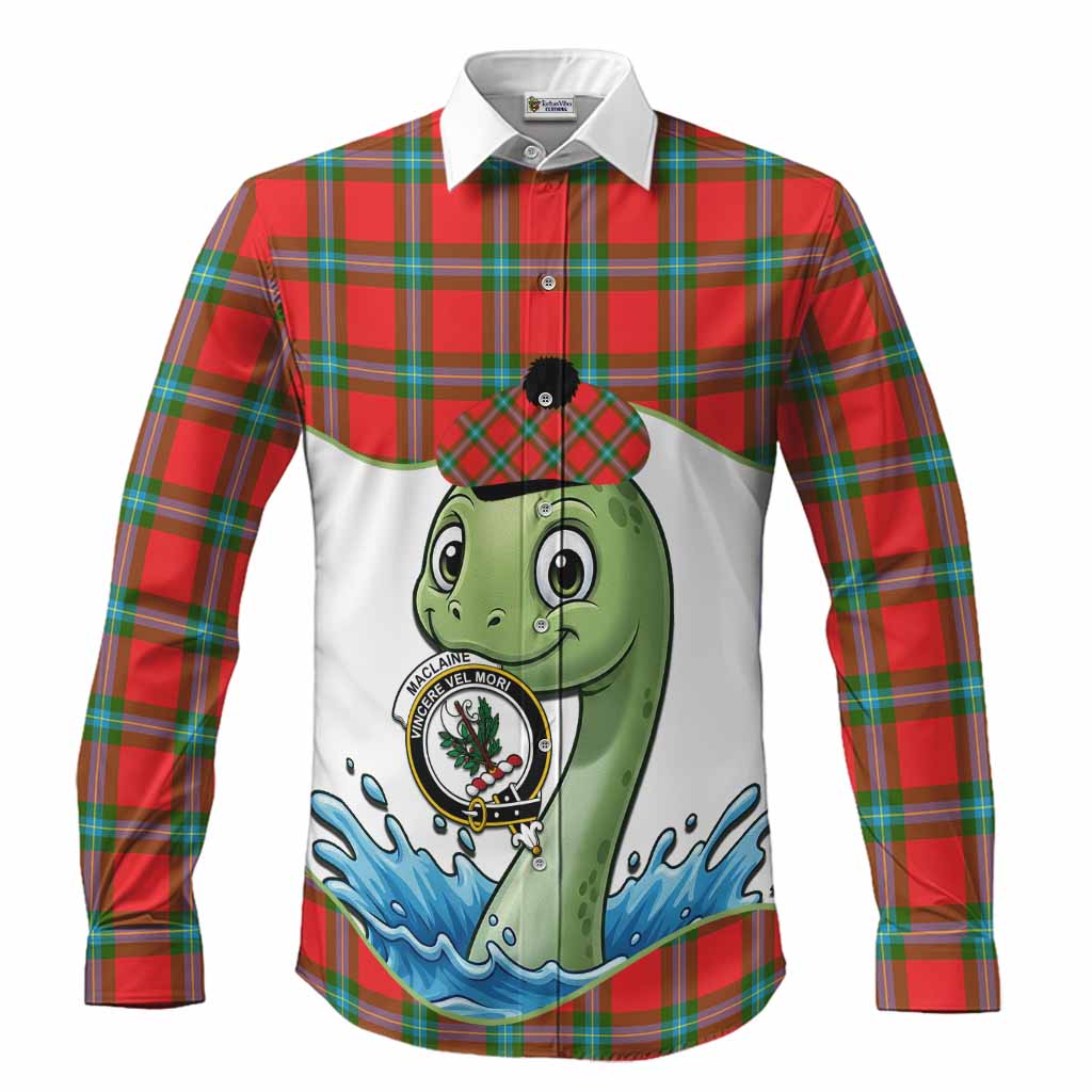 MacLaine (McLaine) Tartan Crest Cute Nessie Long Sleeve Button Shirts Scottish Loch Ness Monster