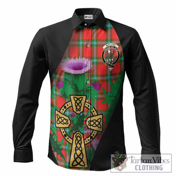 MacLaine (McLaine) Tartan Crest Long Sleeve Button Shirts Celtic Cross Thistle Flowers