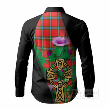 MacLaine (McLaine) Tartan Crest Long Sleeve Button Shirts Celtic Cross Thistle Flowers