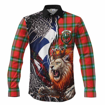 MacLaine (McLaine) Tartan Crest Long Sleeve Button Shirts Heritage Flag Grunge Celtic Knot and Lion Rampant