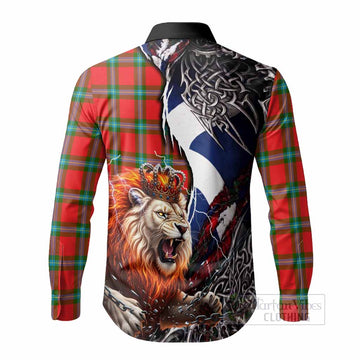MacLaine (McLaine) Tartan Crest Long Sleeve Button Shirts Heritage Flag Grunge Celtic Knot and Lion Rampant