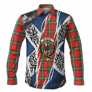 MacLaine (McLaine) Tartan Crest Long Sleeve Button Shirts Scotland Flag Ripped Tribal Design
