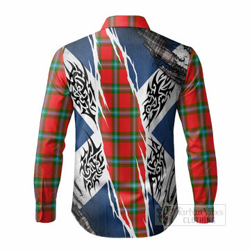 MacLaine (McLaine) Tartan Crest Long Sleeve Button Shirts Scotland Flag Ripped Tribal Design