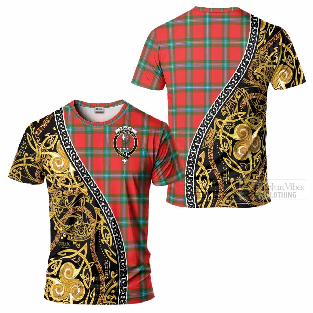 MacLaine (McLaine) Tartan Crest T-Shirt Celtic Knot and Triple Trickle Spiral Symbols