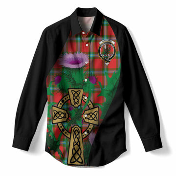 MacLaine (McLaine) Tartan Crest Women Casual Shirt Celtic Cross Thistle Flowers