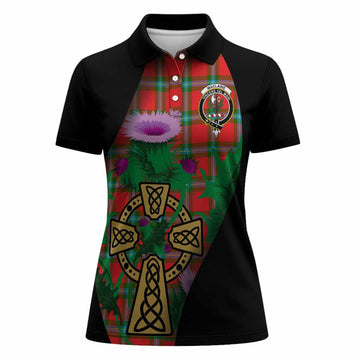 MacLaine (McLaine) Tartan Crest Women Polo Shirt Celtic Cross Thistle Flowers