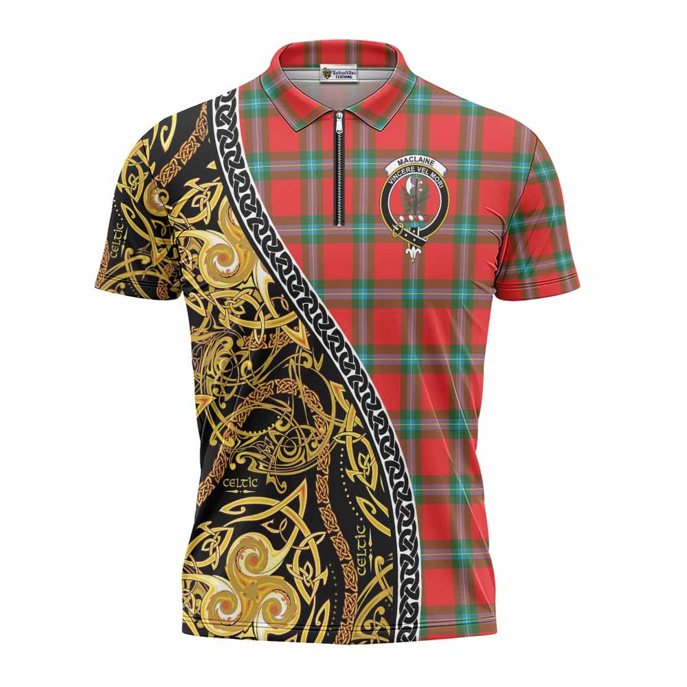 MacLaine (McLaine) Tartan Crest Zipper Polo Shirt Celtic Knot and Triple Trickle Spiral Symbols