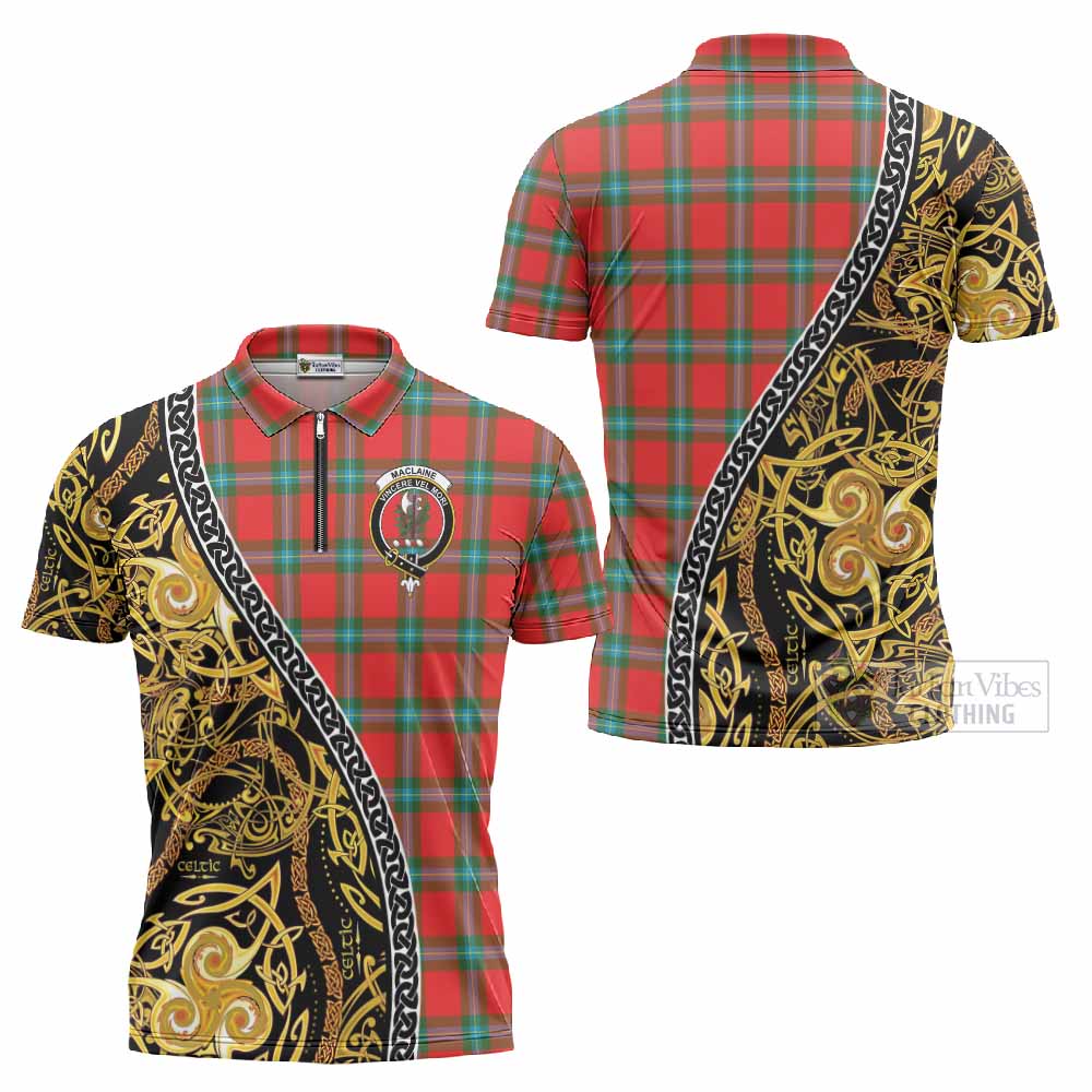 MacLaine (McLaine) Tartan Crest Zipper Polo Shirt Celtic Knot and Triple Trickle Spiral Symbols