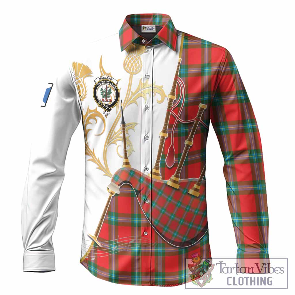 MacLaine (McLaine) Tartan Family Crest Long Sleeve Button Shirts Bagpipes with Scottish Thistle