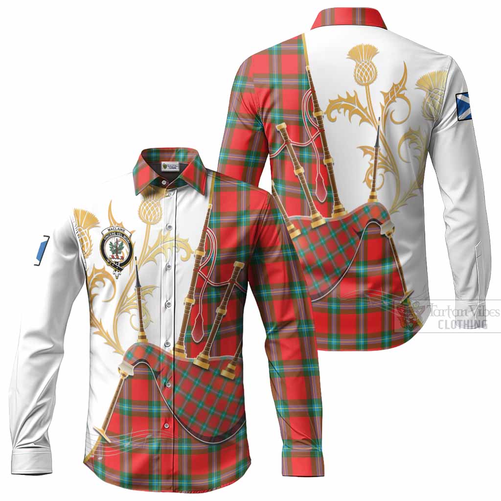MacLaine (McLaine) Tartan Family Crest Long Sleeve Button Shirts Bagpipes with Scottish Thistle