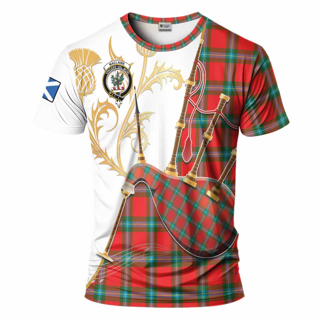 MacLaine (McLaine) Tartan Family Crest T-Shirt Bagpipes with Scottish Thistle