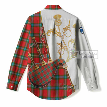 MacLaine (McLaine) Tartan Family Crest Women Casual Shirt Bagpipes with Scottish Thistle