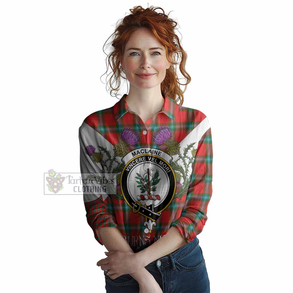 MacLaine (McLaine) Tartan Family Crest Women Casual Shirt Scottish Burns Night Thistle Floral