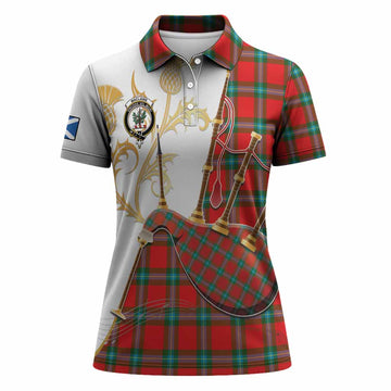 MacLaine (McLaine) Tartan Family Crest Women Polo Shirt Bagpipes with Scottish Thistle