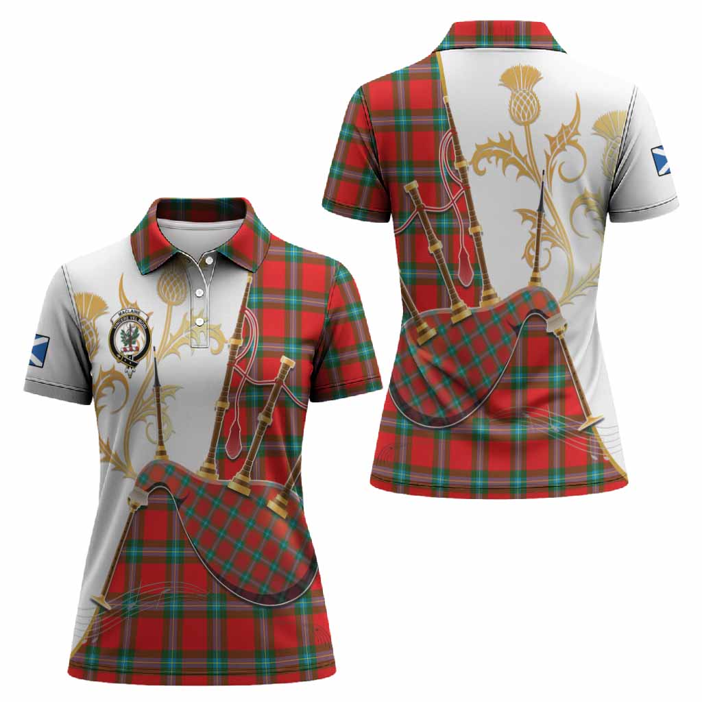 MacLaine (McLaine) Tartan Family Crest Women Polo Shirt Bagpipes with Scottish Thistle