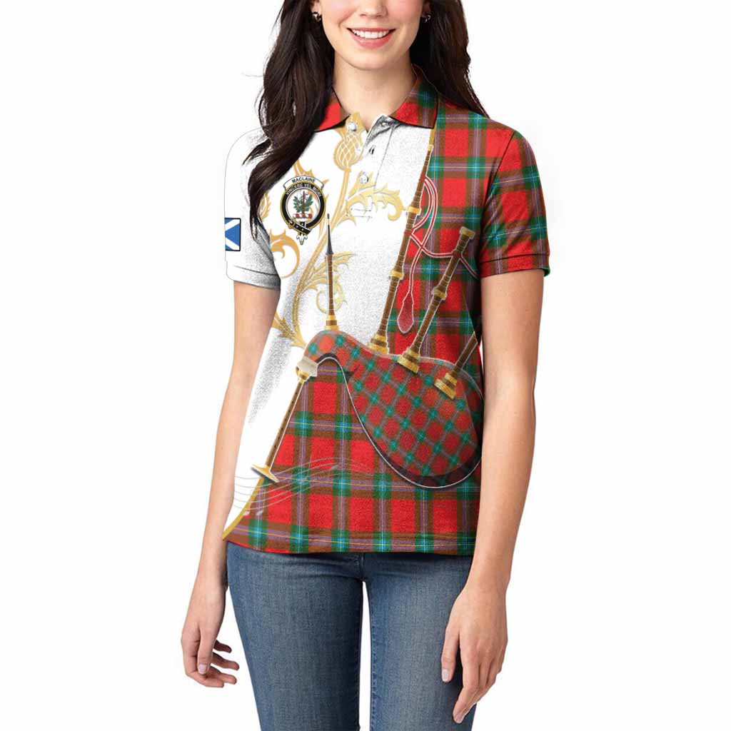 MacLaine (McLaine) Tartan Family Crest Women Polo Shirt Bagpipes with Scottish Thistle
