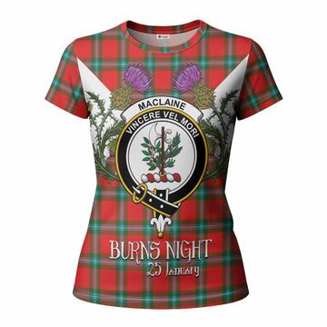MacLaine (McLaine) Tartan Family Crest Women T shirt Scottish Burns Night Thistle Floral