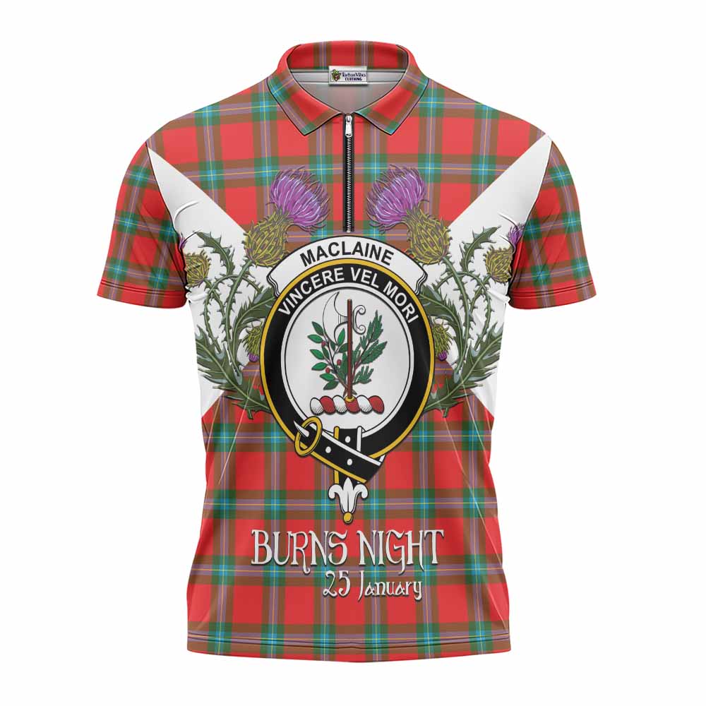 MacLaine (McLaine) Tartan Family Crest Zipper Polo Shirt Scottish Burns Night Thistle Floral