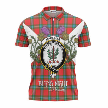MacLaine (McLaine) Tartan Family Crest Zipper Polo Shirt Scottish Burns Night Thistle Floral