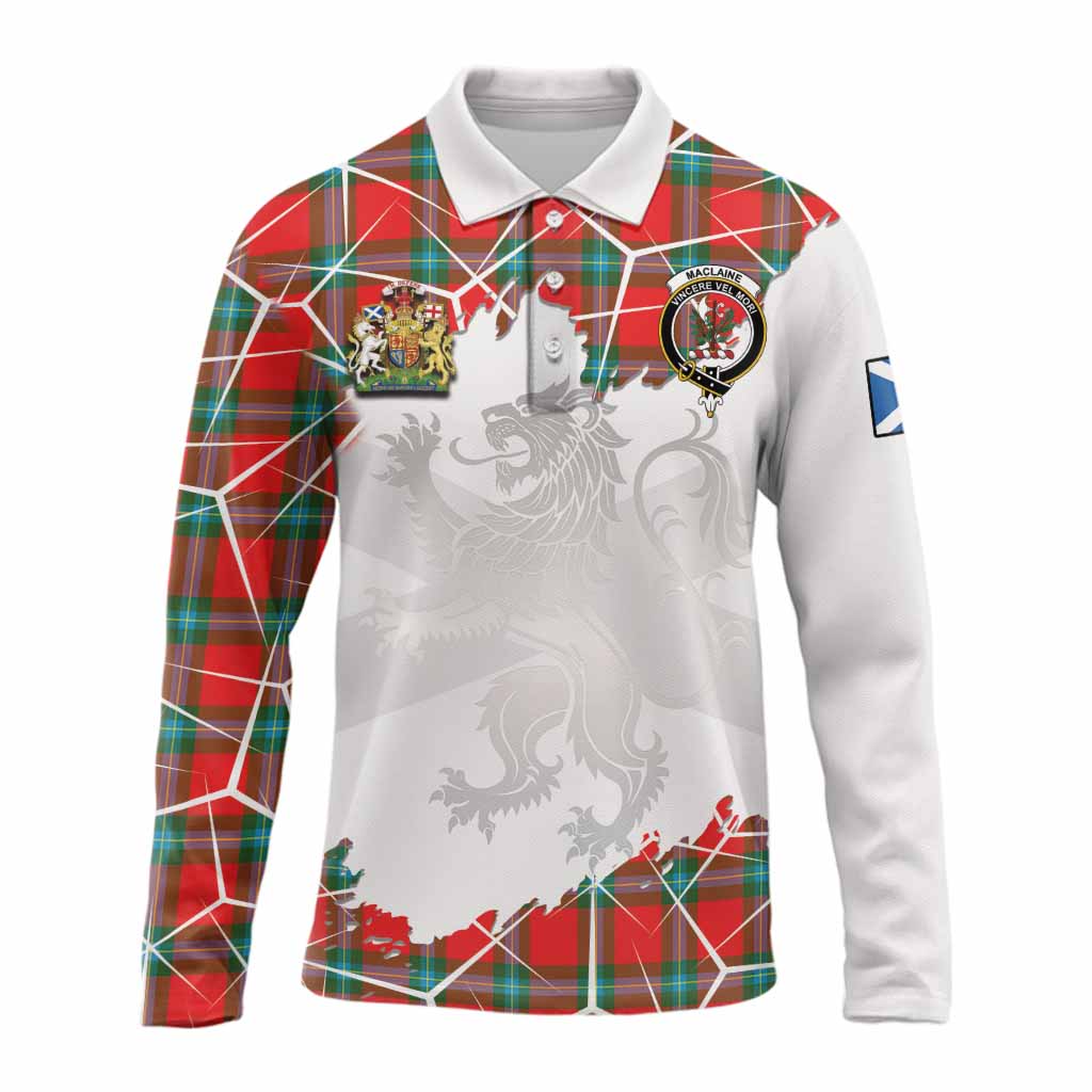 MacLaine (McLaine) Tartan Long Sleeve Polo Shirt with Family Crest and Lion Rampant Grunge Style