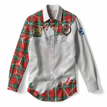 MacLaine (McLaine) Tartan Women Casual Shirt with Family Crest and Lion Rampant Grunge Style