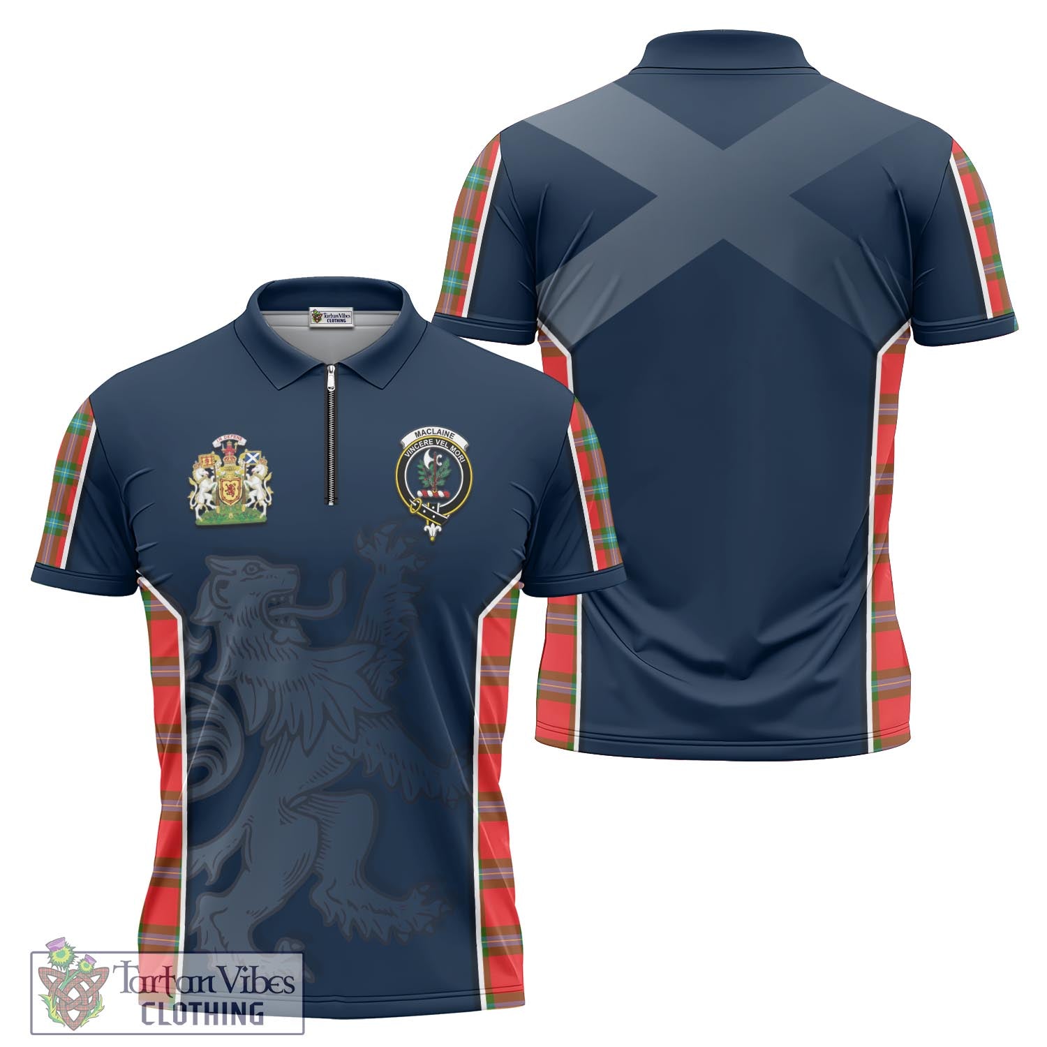 Tartan Vibes Clothing MacLaine of Loch Buie Tartan Zipper Polo Shirt with Family Crest and Lion Rampant Vibes Sport Style