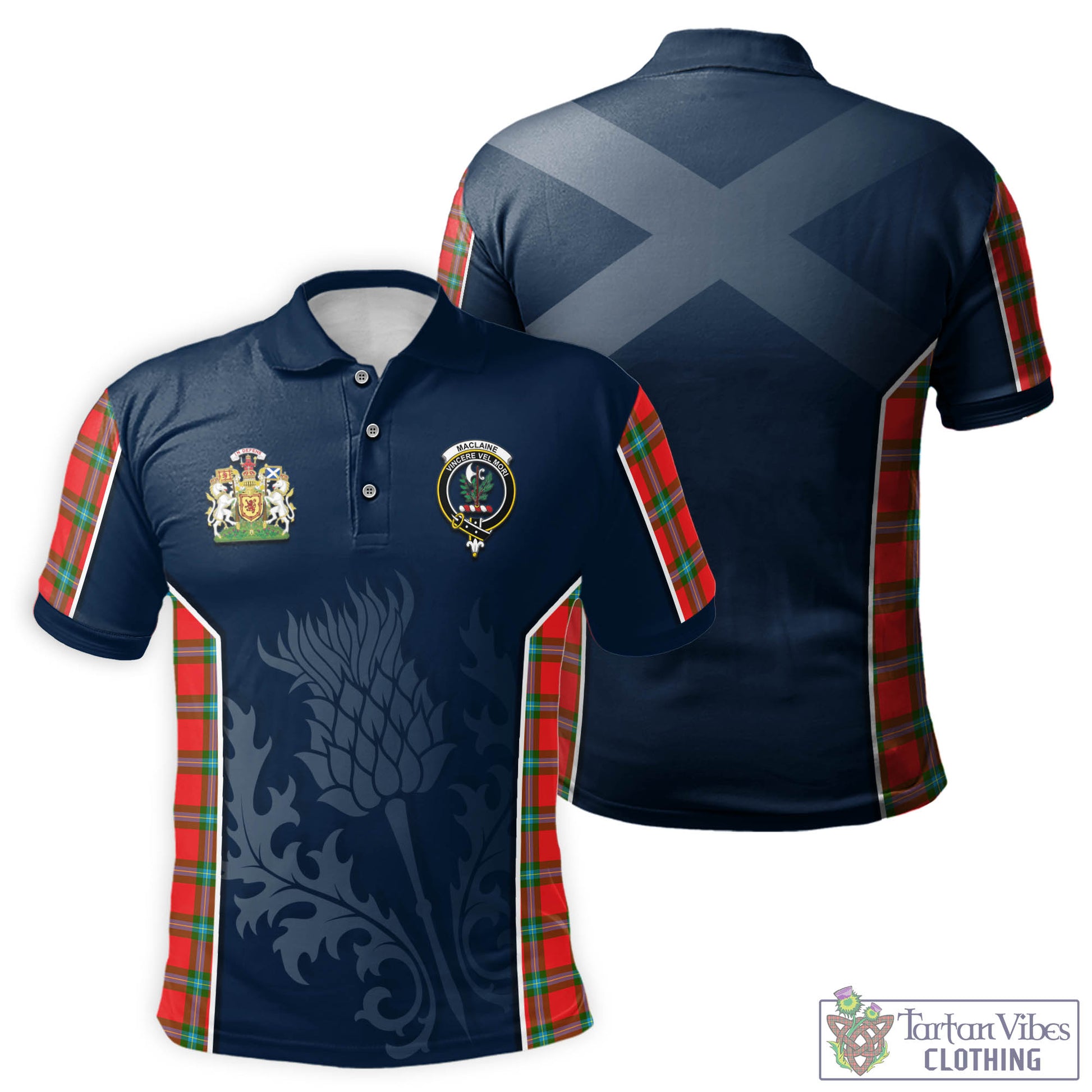 Tartan Vibes Clothing MacLaine of Loch Buie Tartan Men's Polo Shirt with Family Crest and Scottish Thistle Vibes Sport Style