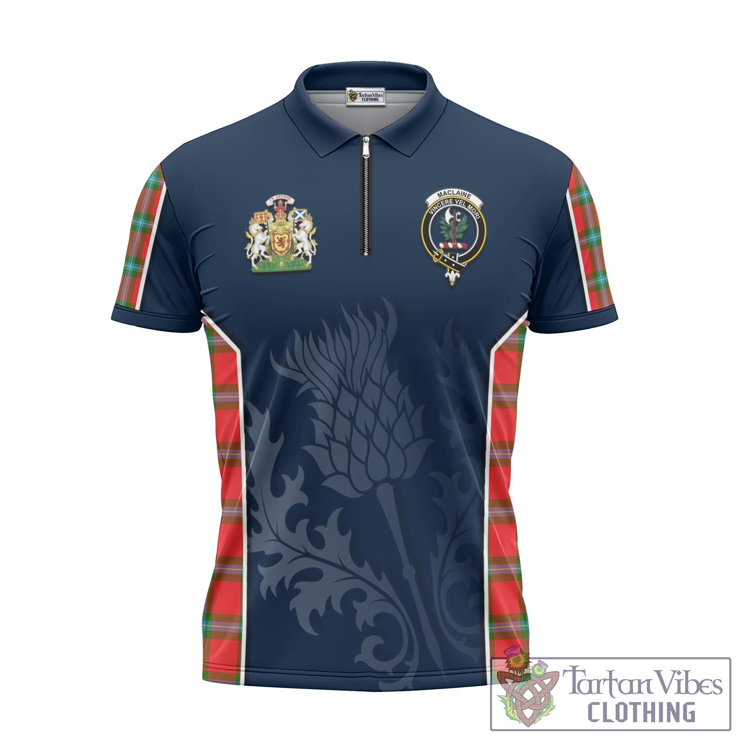 Tartan Vibes Clothing MacLaine of Loch Buie Tartan Zipper Polo Shirt with Family Crest and Scottish Thistle Vibes Sport Style